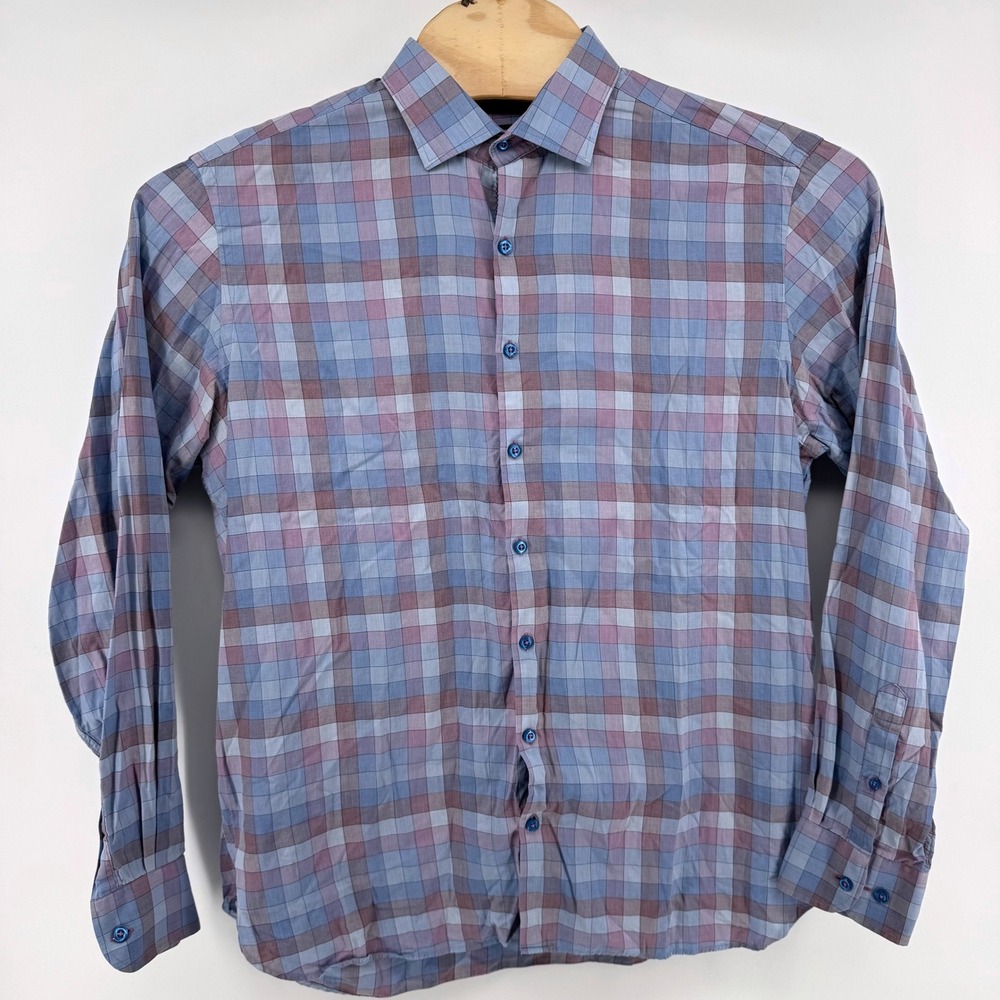 Hammer Made Button Down Shirt 43/17 Large Blue Purple Plaid Long Sleeve Cotton - Picture 2 of 8